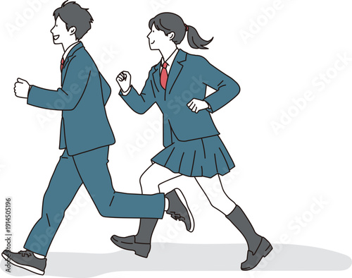 制服姿で走り出す男女の学生のイラスト素材