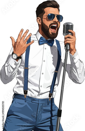 Stylish bearded man in a bow tie and suspenders singing passionately into a vintage microphone.