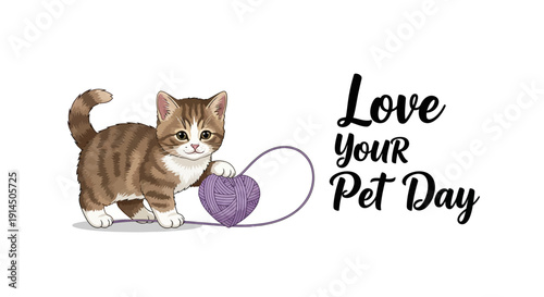 Vector illustration of a cute brown tabby kitten playing with a purple heart-shaped toy on Love Your Pet Day.