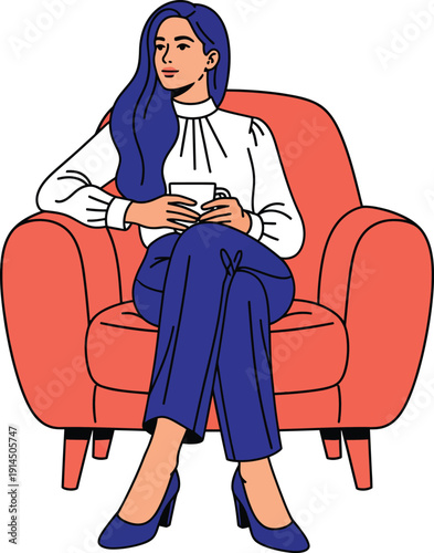 Stylish woman with long blue hair and a white blouse sitting comfortably in a red armchair holding a cup.