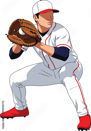Stylized illustration of a faceless baseball player in a white and red uniform crouching in a ready stance with a leather glove.