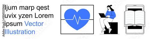 Digital health, online learning, wellness technology, education technology, healthcare devices, innovation. Features a heart monitor icon, a person with a laptop, and a smartphone displaying a book