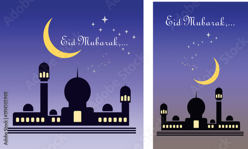 ied mubarak poster and logo, silhouette of great mosque  moon and stars vector illustrations