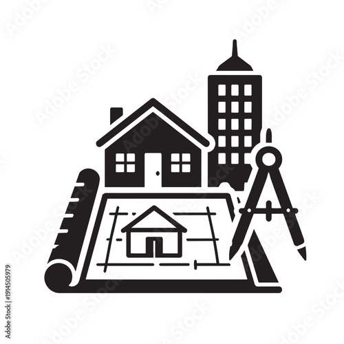 Black and white architectural tools buildings architecture house blueprint compass