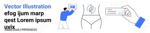Person engaging with video content, body diagram focusing on rotation with arrows, and hand holding a card. Ideal for health, identification, media, education, creativity, branding simple landing