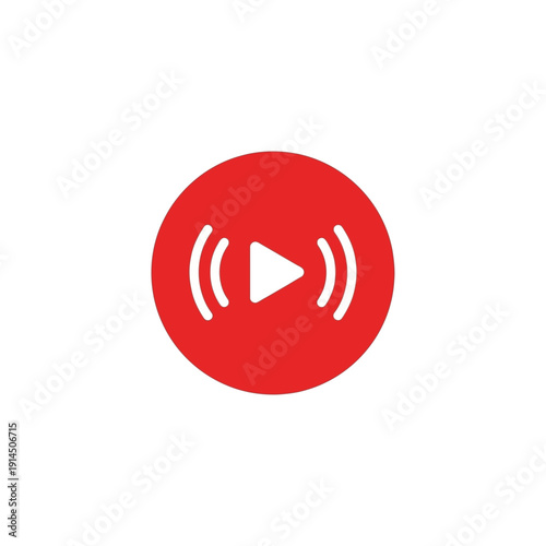 Dynamic Red Circle Icon Featuring a Play Button with Streaming Waves Symbolizing Live Broadcast, Online Media, and Real-time Content Transmission