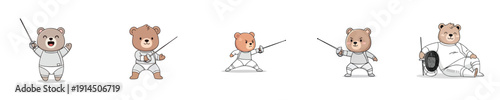 Fencing Bear Character Set Flat Design Cute Athlete Mascot Vector