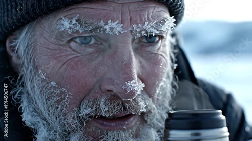 Elderly man with frost on his face holding a coffee cup.