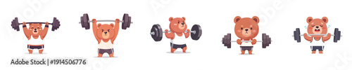 Cute Weightlifting Bear Mascot Set Flat Design Character Vector