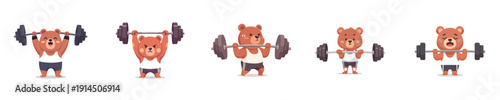 Weightlifting Bear Mascot Collection Flat Design Cute Character Vector