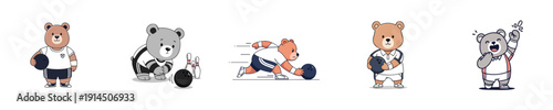 Bowling Bear Mascot Set Flat Design Cute Character Vector
