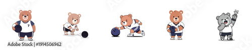Cute Bowling Bear Mascot Collection Flat Design Character Vector