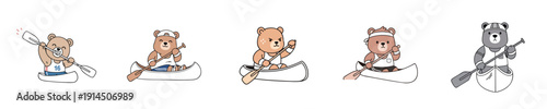 Canoe Bear Character Set Flat Design Cute Athlete Mascot Vector
