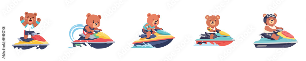 Naklejka premium Jetski Bear Mascot Character Set Cute Water Sport Illustration Vector