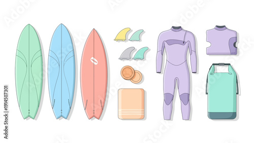 A collection of surfing equipment including surfboards, wetsuits, and accessories arranged neatly on a plain background