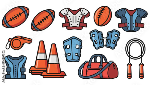 Sports Equipment Collection Featuring Footballs, Jerseys, and Fitness Accessories Illustrated in a Flat Design Style