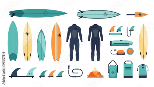 Collection of surfing equipment and accessories, including surfboards, wetsuits, and bags, displayed neatly against a clean background from a straightforward viewpoint.