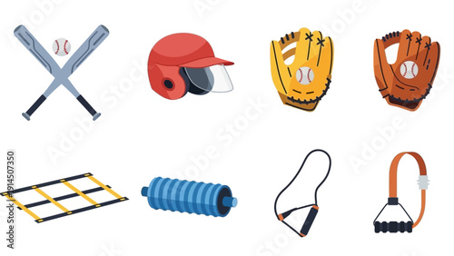 Assorted sports equipment including bats, helmets, gloves, hurdles, and training aids displayed against a plain background.