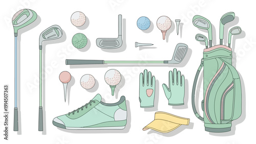 Golfing equipment collection including clubs, shoes, gloves, and balls arranged neatly on a plain background from a straightforward viewpoint.