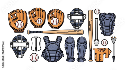 Collection of baseball equipment including gloves, bats, and protective gear arranged neatly on a clean surface