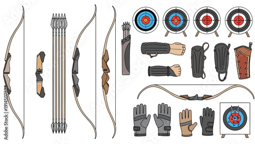 Archery equipment set with bow, quiver, targets, gloves, and accessories displayed from a straightforward viewpoint.