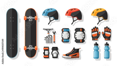 Extreme sports equipment arranged neatly showcasing skateboards, helmets, protective gear, and accessories.