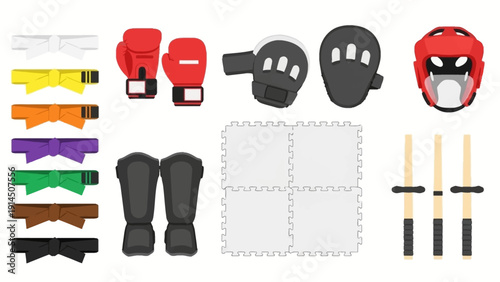 Martial arts equipment collection including gloves, shin guards, headgear, and mats arranged neatly on a clean white background.