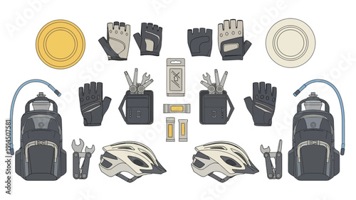 Cycling gear and accessories collection including helmets, gloves, and backpacks displayed on a plain white background from a direct viewpoint