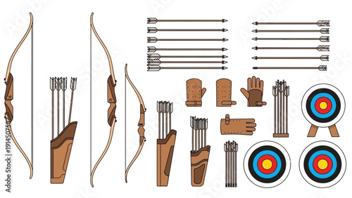 A collection of archery equipment including bows, arrows, and targets arranged neatly on a plain surface