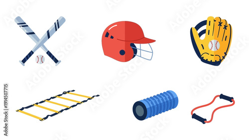 Sports equipment arranged neatly on a white background, including bats, helmets, gloves, hurdles, mats, and resistance bands