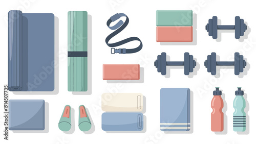 Fitness Essentials Arranged on White Surface with Yoga Mat Towel Dumbbells and Water Bottles