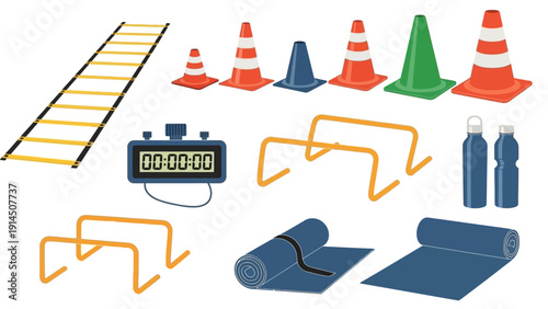 Obstacle course equipment arranged for training or event setup including cones, hurdles, and timer on a plain background