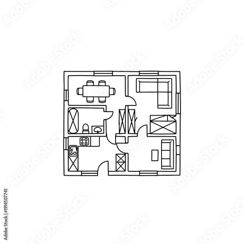 Detailed Floor Plan Illustration of a Compact Residential Apartment with Open Living Space
