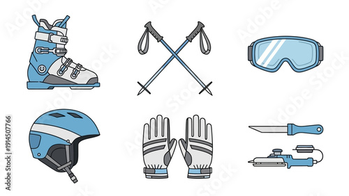 Skiing equipment illustrated in a graphic style from a frontal viewpoint showcasing boots, goggles, and accessories on a clean background