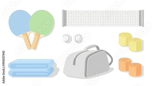 Table tennis equipment laid out on a clean white surface including paddles balls net towels and a bag