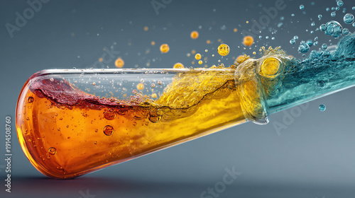 A test tube containing colorful liquids in a lab setting, highlighting the concepts of chemistry and scientific experimentation. The image suggests elements blending and mixing 