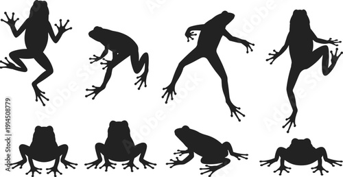 Tree Frog Silhouette Set Collection, Jumping and Sitting Tropical Amphibian Black Vector Illustrations Isolated on White Background for Wildlife Design
