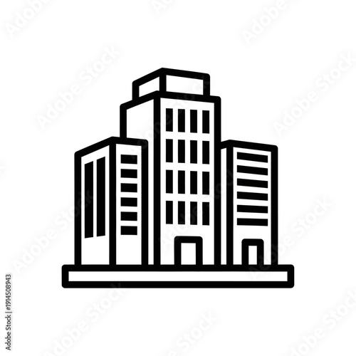 Modern Cityscape with Tall Skyscrapers and Urban Infrastructure in Black Outline