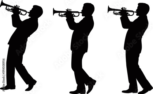Trumpet player silhouette set featuring jazz musicians in performance poses, black vector brass instrument figures for live concerts, music festivals, posters, stage design, and entertainment branding