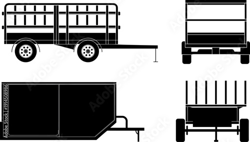 Utility Cargo Trailer Silhouette Set, Farm and Construction Hauling Wagon Vector Illustration with Side Front and Rear Views Isolated on White Background