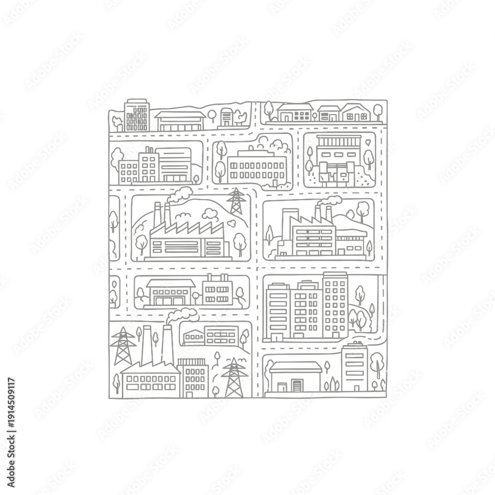 Obraz premium Illustration of Diverse Urban Infrastructure and Cityscape with Buildings and Roads