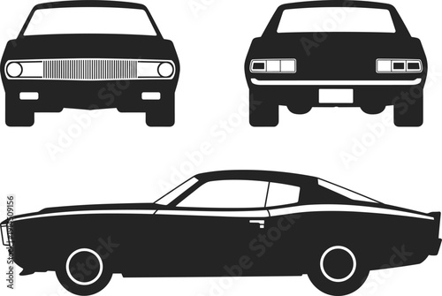 Vintage American Muscle Car Silhouette Set, Front Rear and Side View Classic Sports Coupe Vector Illustration Isolated on White Background