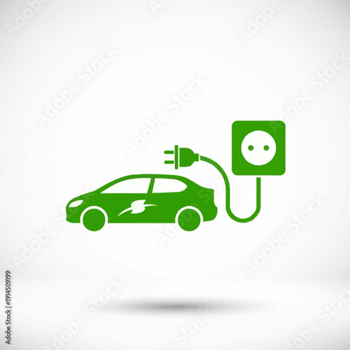 Icon of a green electric car plugged into a wall socket, symbolizing eco-friendly transportation and sustainable energy solutions