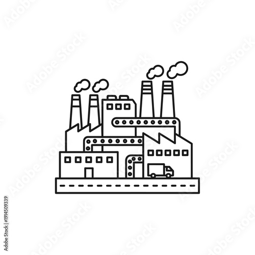 Industrial Factory Scene with Smoke Emissions and Warehousing Infrastructure