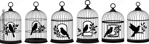 Vintage bird cage silhouettes set with perched birds, decorative black vector illustration isolated on white background, elegant animal art for home decor designs