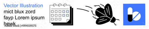 Time management, health awareness, planning, lifestyle organization, productivity, pharmaceutical care. Calendar, flying insect pill icon. Time management and health awareness concepts