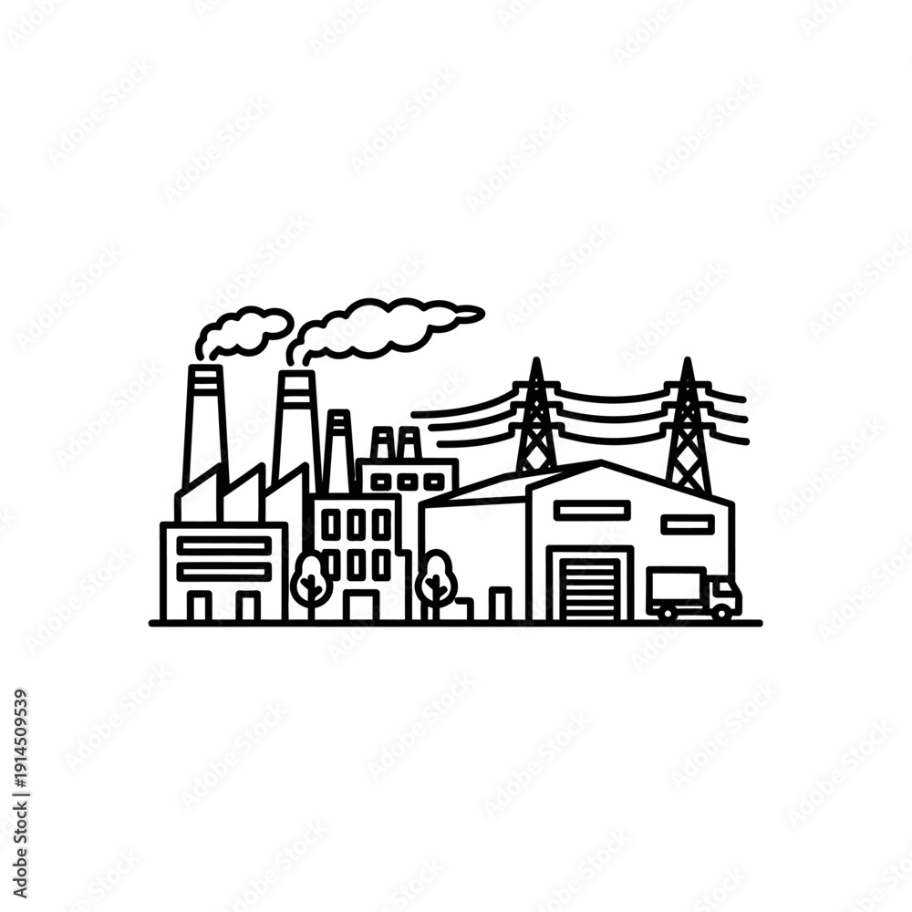 Obraz premium Industrial Factory with Power Lines and Emission Smoke Illustration