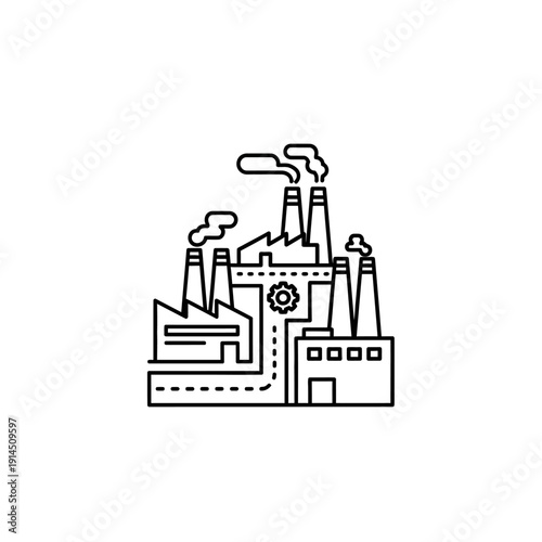Industrial Factory with Smoke Emissions and Manufacturing Equipment