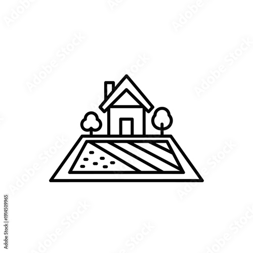 Minimalist Line Drawing of a House with Trees and Garden in a Simple Landscape