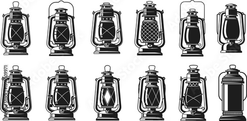 Vintage oil lantern silhouette collection featuring classic kerosene lamps in multiple designs isolated on white background black vector illustration camping antique lighting icons